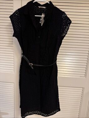 Black Eyelet Shirt Dress with Belt